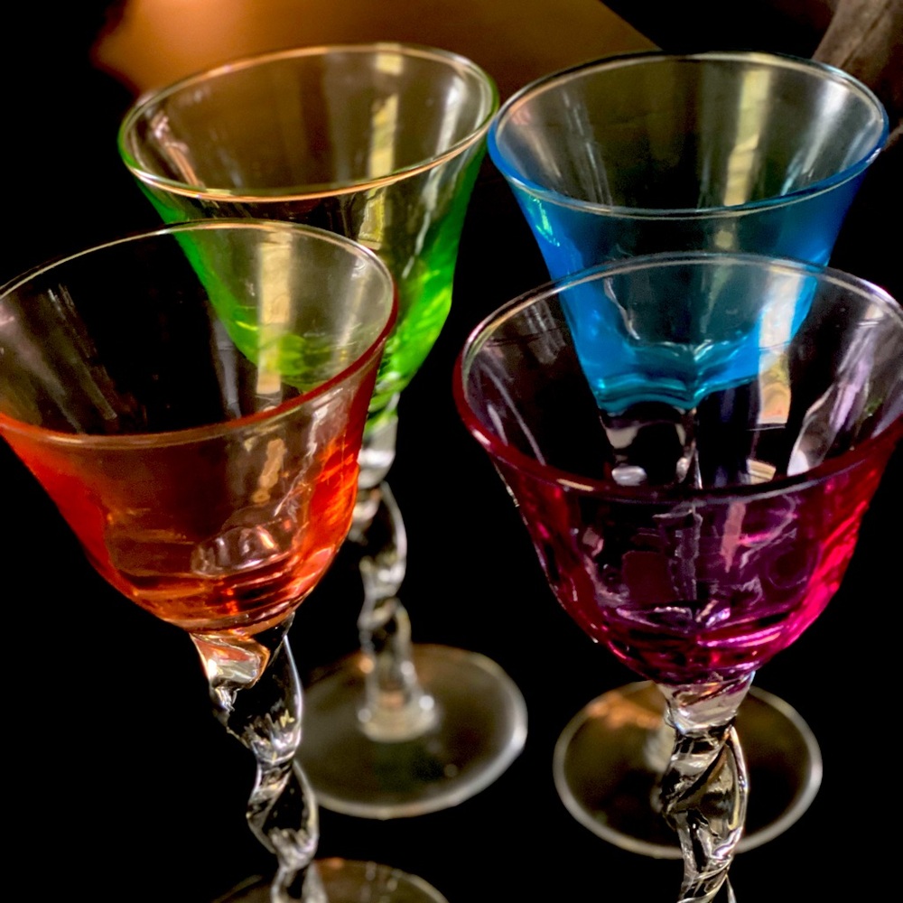 Gorgeous, multi colored wine glasses (4). Sante Fe boutique home goods store.